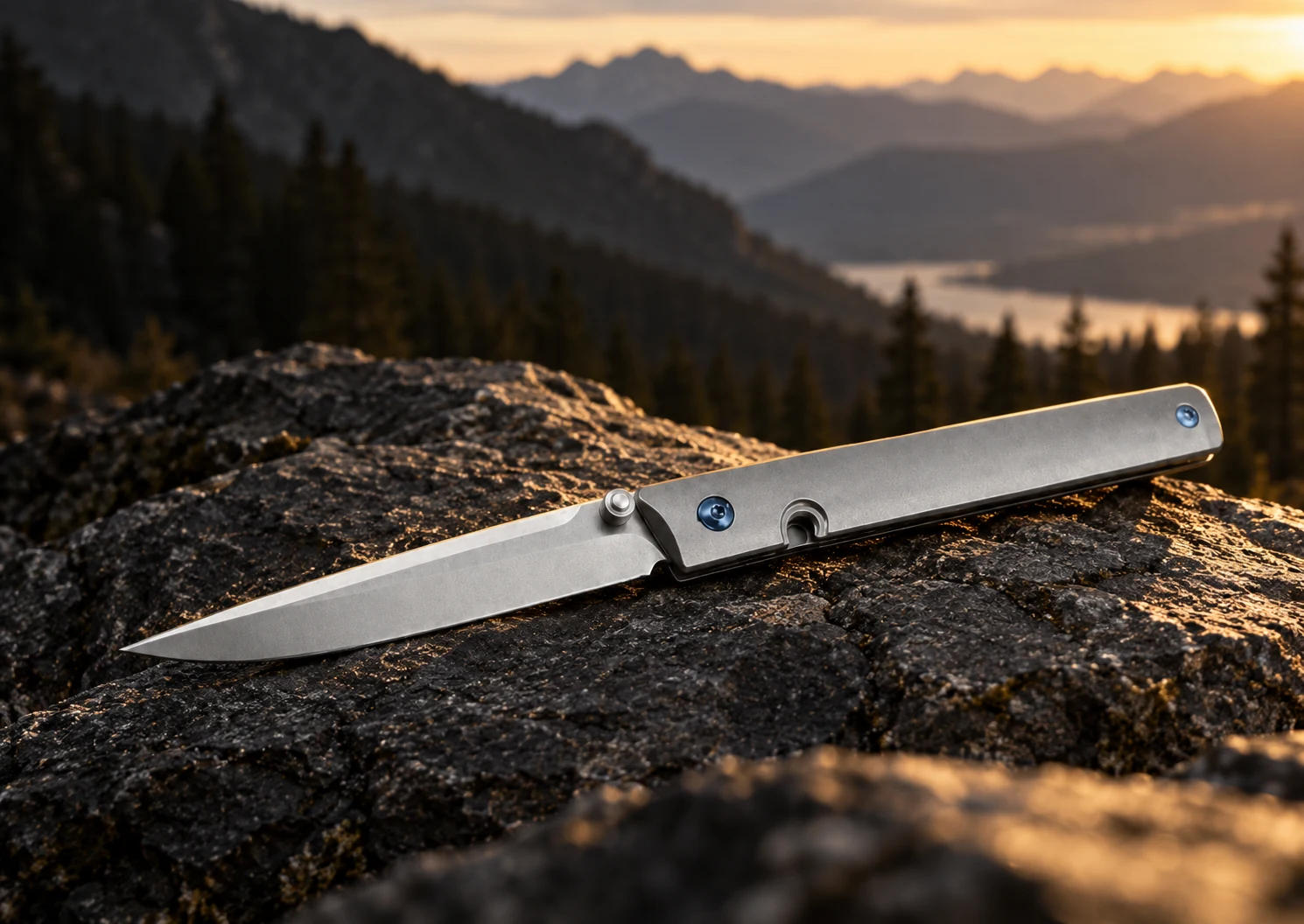 Silver-gray folding knife with blue details on dark rock, with a forest and mountain landscape beyond.