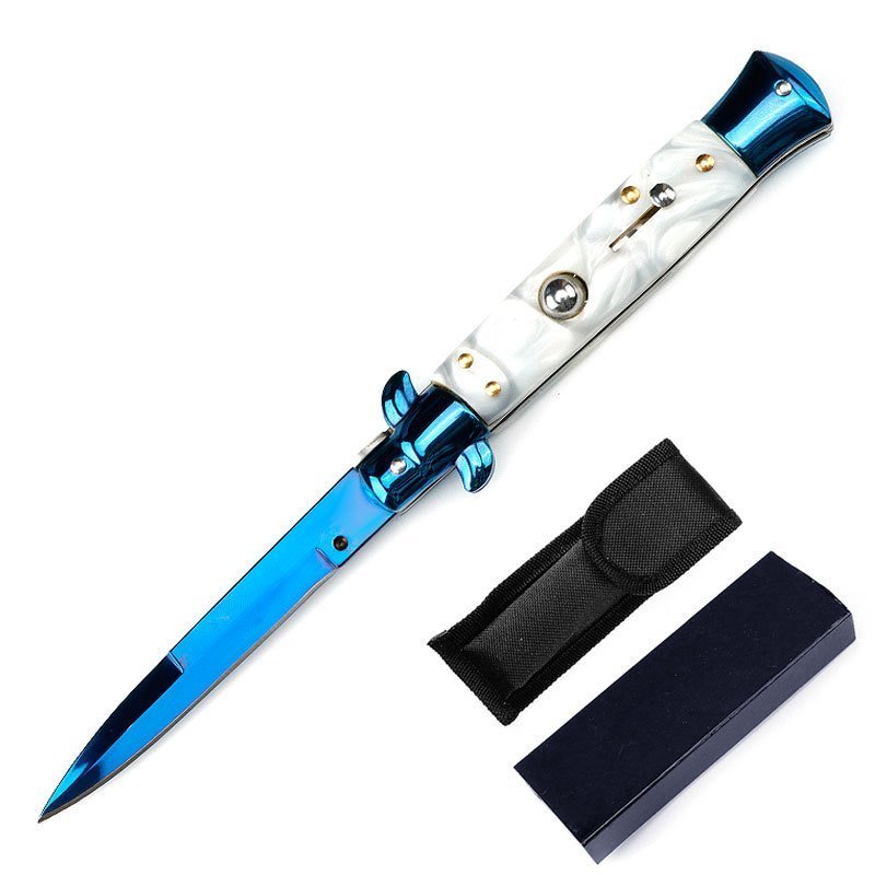 Stilettmesser mit weißer Muschel und blauem Zweig