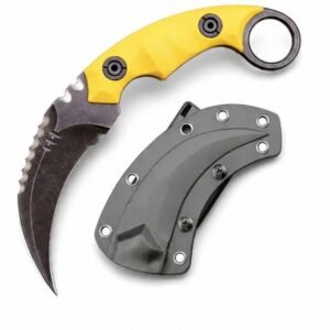 Coltello Karambit in Acciaio D2 + Manico in Nylon e Fibra di Vetro Coltello ad Artiglio per Esterno con Guaina Kydex EDC-Giallo