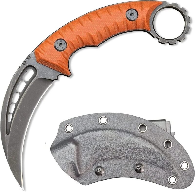 Karambit Fixed Blade Knife &ndash; D2 Steel Claw Knife with G10 Handle & Sheath (Orange)