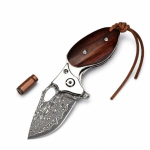 Rosewood Handle Damascus Steel Mini Folding Knife &ndash; Keychain EDC Tool