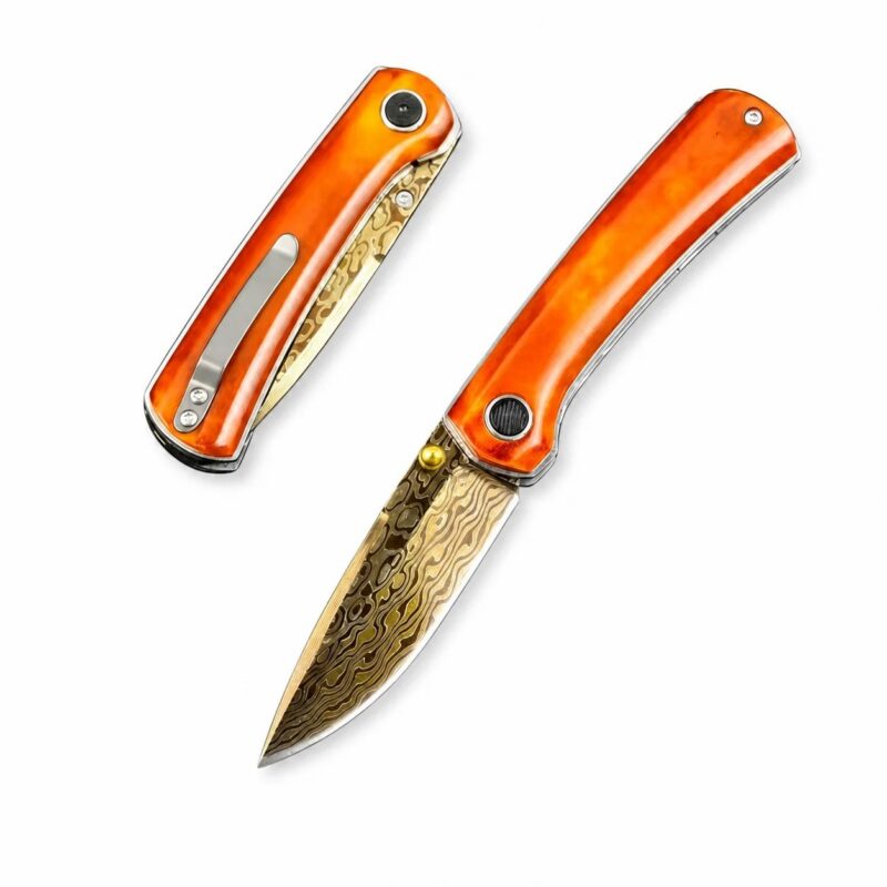 Extreme 2 Carbon Steel Damascus Blue-Finished Red Bone Folding Knife