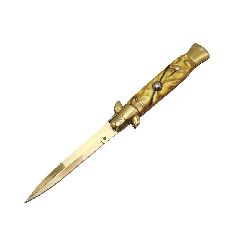 8.75 Inch Italian Stiletto Knife &ndash; Gold Handle Flick Knife