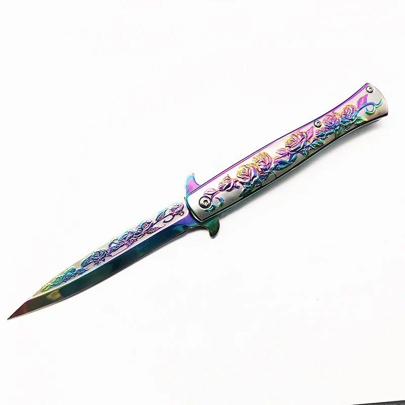 Titanium Rose Engraved Stiletto Knife &ndash; Color Finish Design