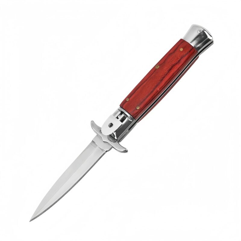 Classic Italian Stiletto Knife &ndash; Automatic Flick Knife with Red Wood Handle