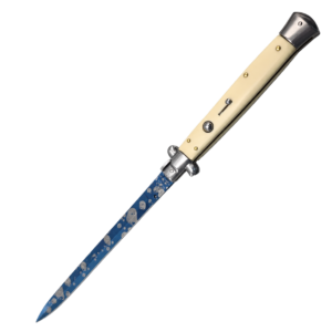 13 Inch Italian Stiletto - ivory handle and blue patterned blade